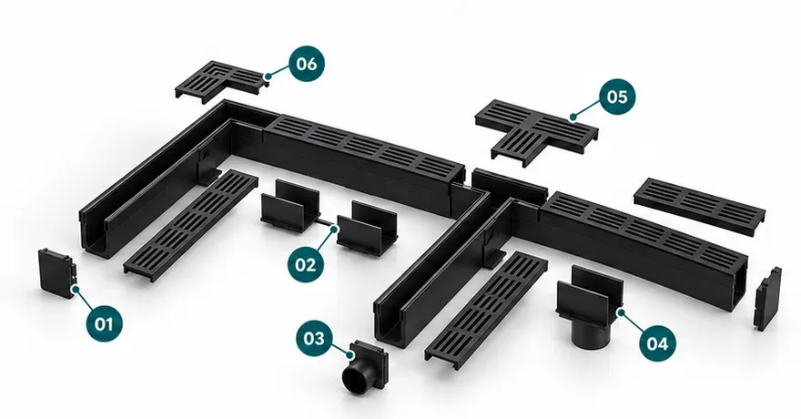 The drainage channel taken apart: channel lengths, gratings and connecting parts, numbered