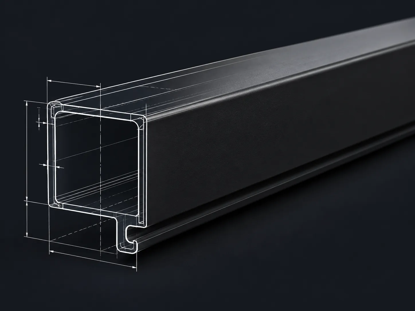 A plastic profile: its near end a technical drawing, the rest finished in matt black