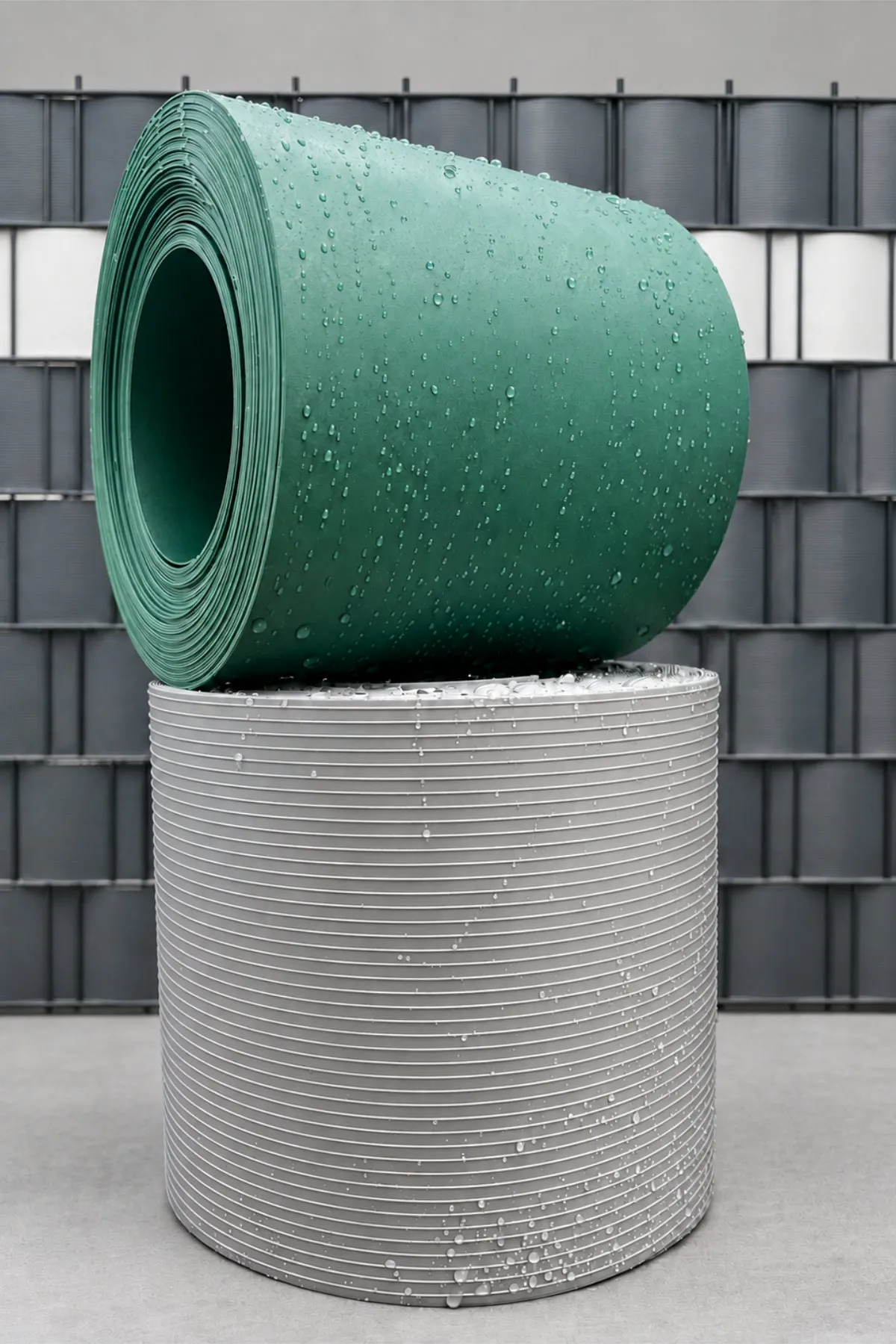 Two rolls of privacy strip in front of a woven fence